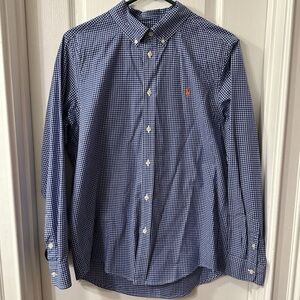 Ralph Lauren Navy Checkered Button-Down Shirt youth XL 18-20 EUC